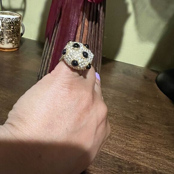 J. Crew Gold Plated Pave Crystal with Black Bead Accents Cocktail Ring Size 6 - Picture 2 of 6